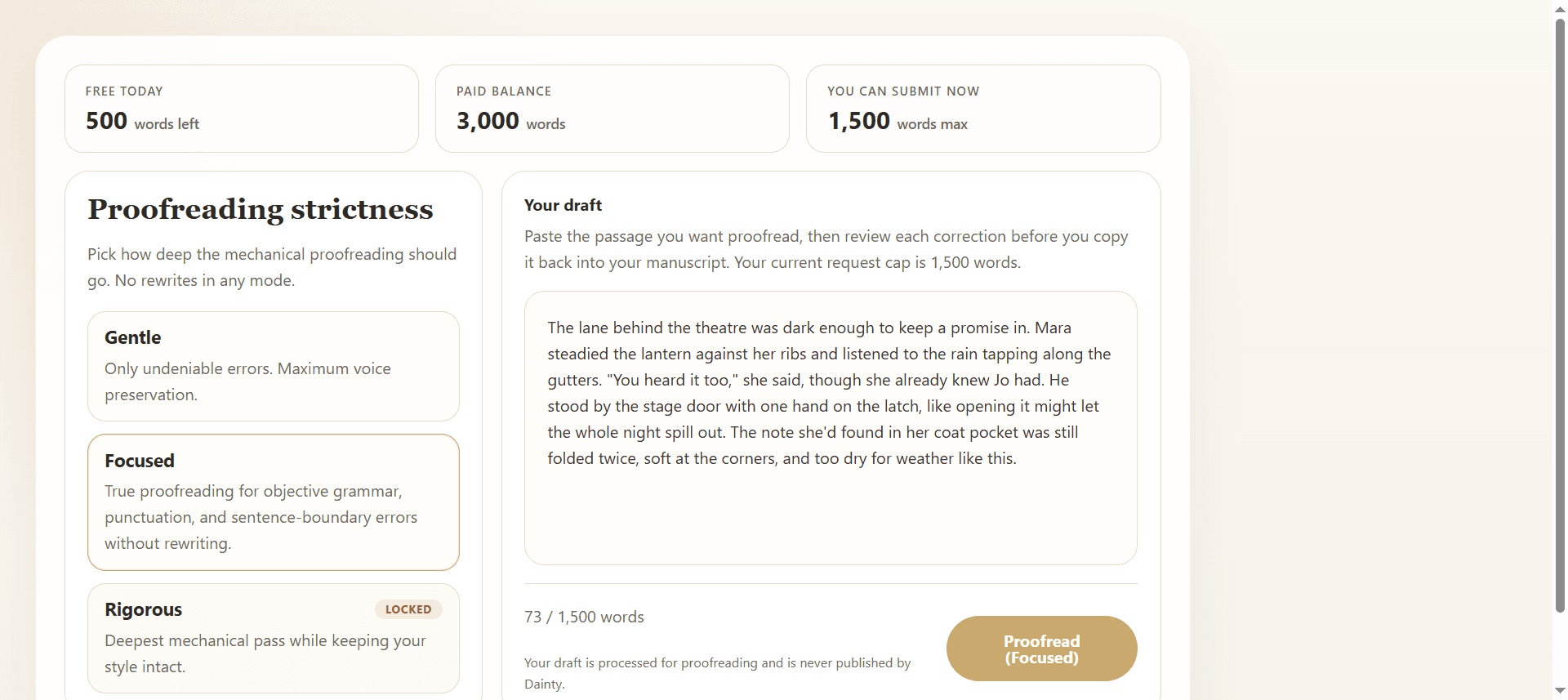 Dainty proofread editor showing the selected proofreading level above a fiction passage ready to run.